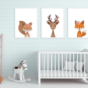 Set of 3 Woodland Animal Prints - with Flowers