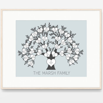 A framed example of a 5 generation Family Tree Print with a steel background