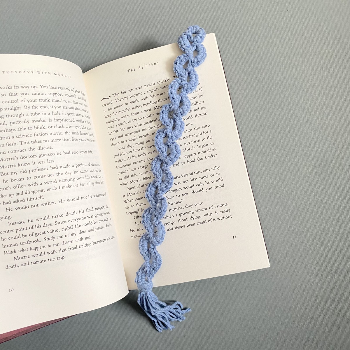 pale blue handmade crochet bookmark with tassel