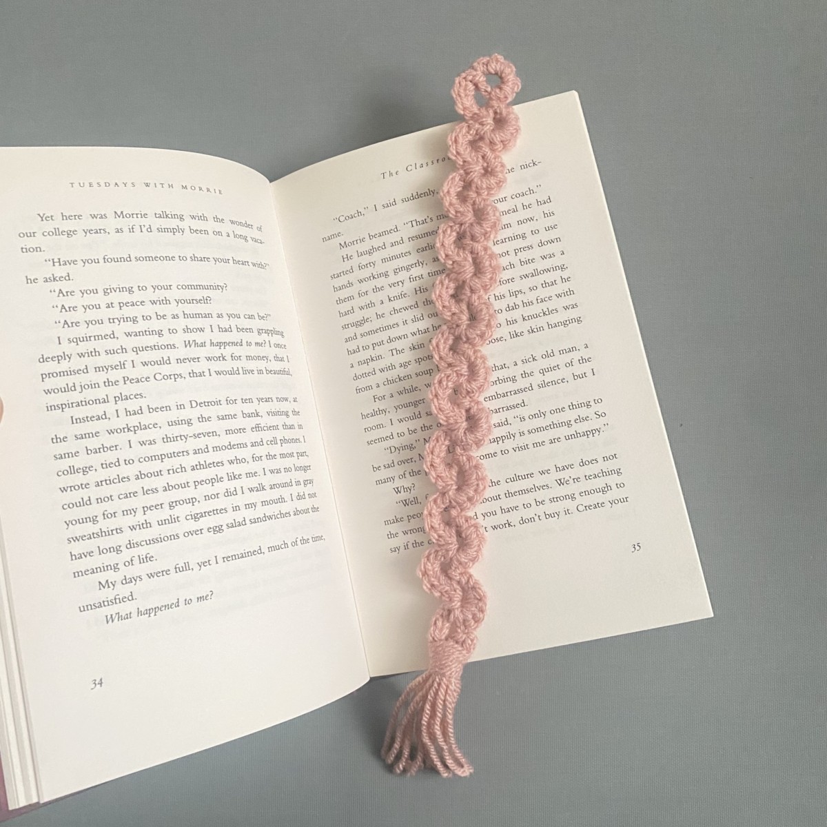 pink handmade crochet bookmark with tassel
