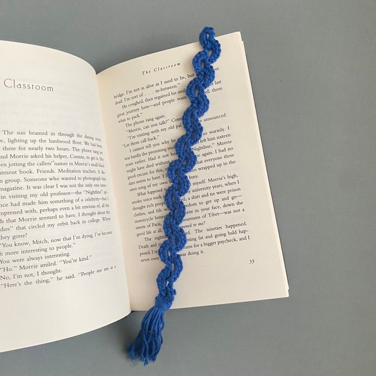 deep blue handmade crochet bookmark with tassel