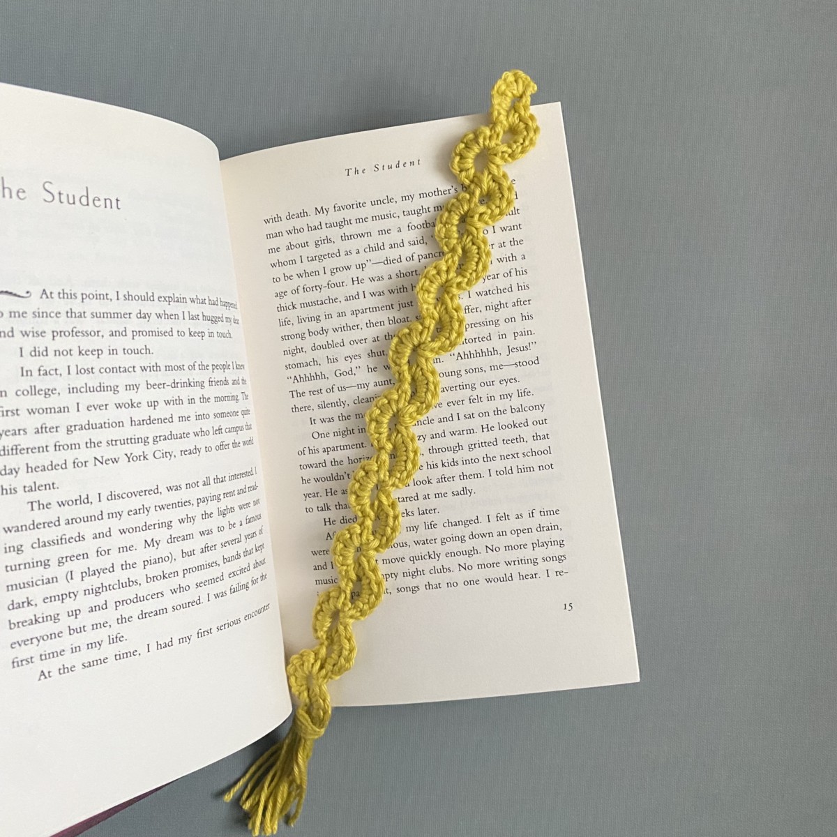 mustard yellow handmade crochet bookmark with tassel