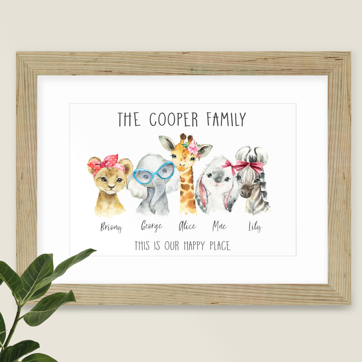 A build your own personalised animal family print with a large number of different cute watercolour animal face wearing accessories like sunglasses, flowers, bows, ties and headbands.