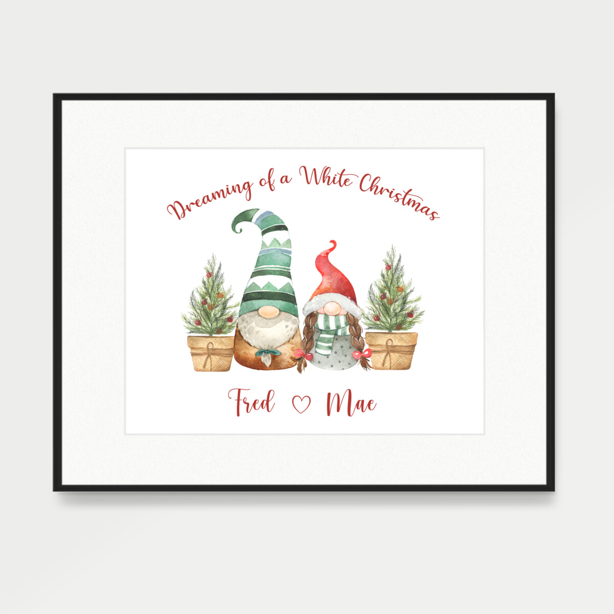 Cute watercolour christmas gnome couple with cristmas trees in a scandi nordic style. Dreaming of a white Christmastext personalised with names. Fully customisable with two gnomes selected from a large choice of gonk characters.