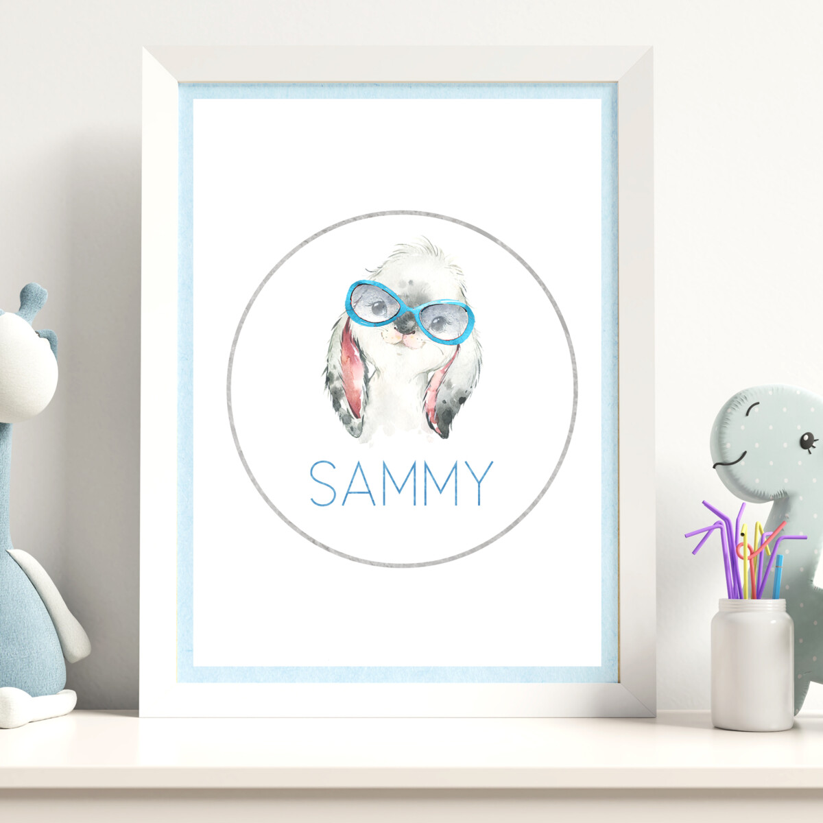 A cute watercolour giraffe character with glasses on nursery/child's bedroom name print